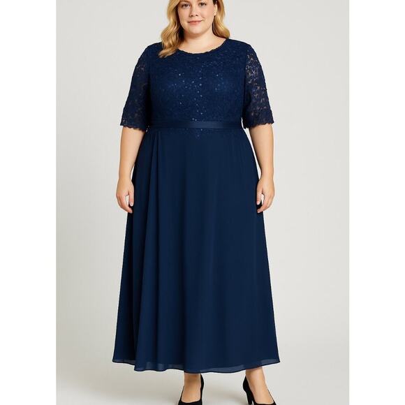 JJ's House A-line Boat Neck Illusion Maxi Lace Chiffon Dress Sequins Navy Blue - Picture 1 of 9